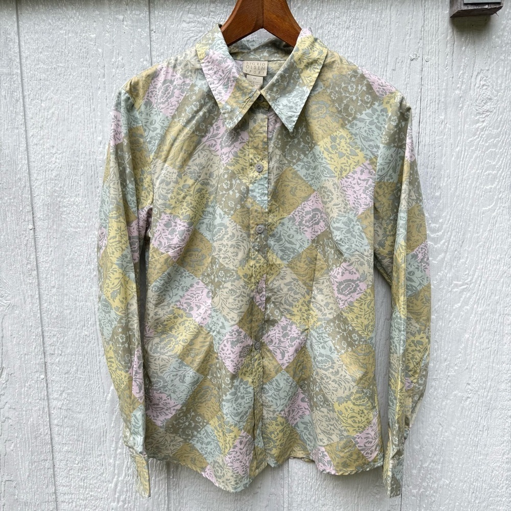 NWT Sigrid Olsen Colorful Green Floral Button Up Collared Long Sleeve Shirt M